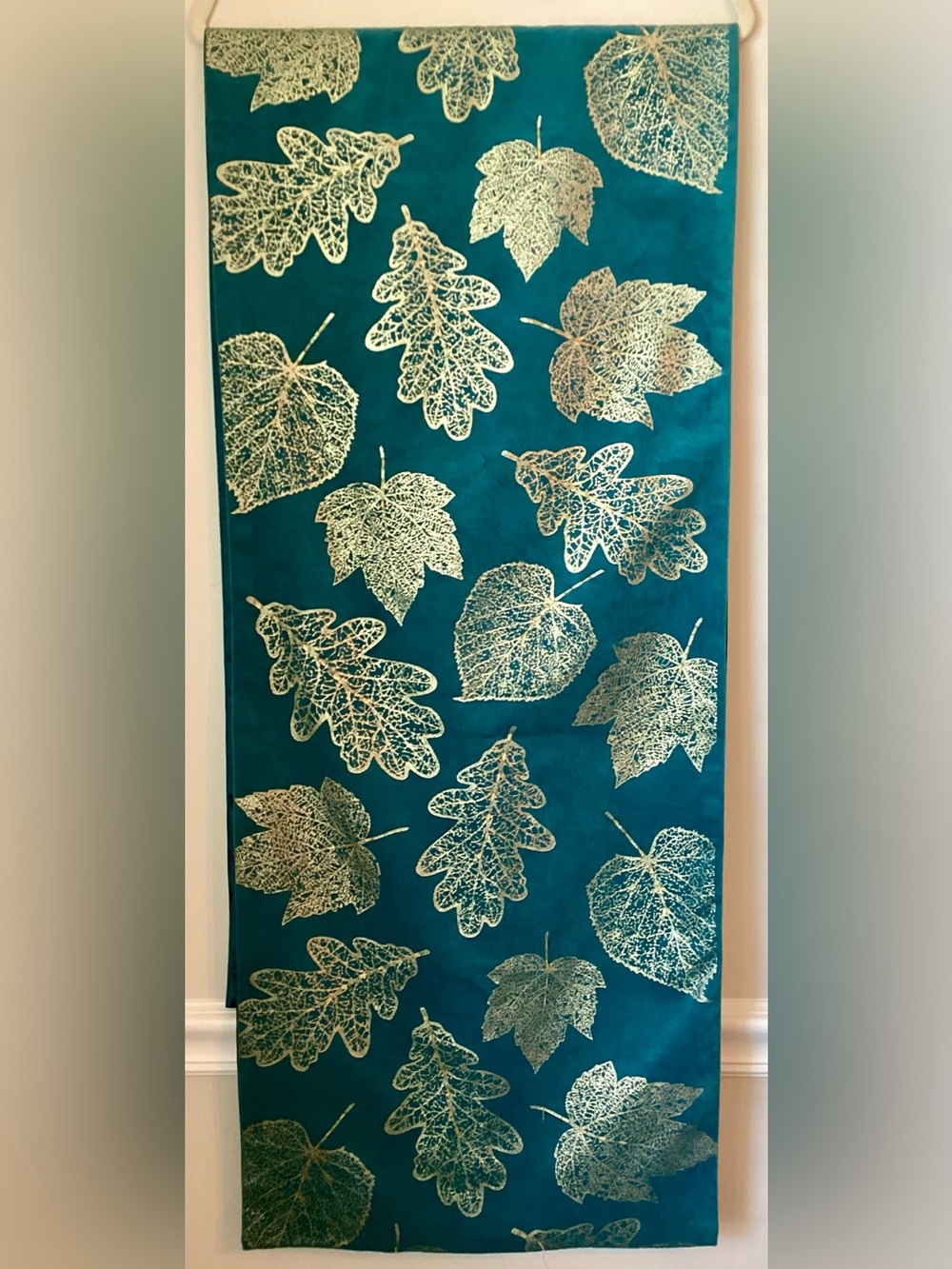 Teal & Gold Beaded Autumn Leaves Table Runner 6’ Long Velvet & Silk Type Fabric